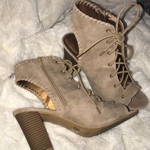 Tan open toe lace up booties